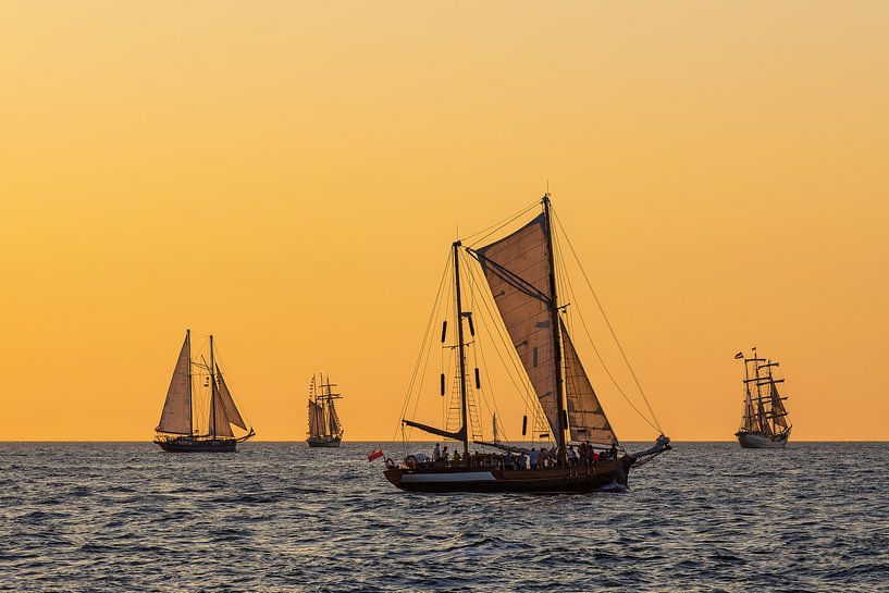 Zeilschepen in de zonsondergang bij de Hanse Sail in Rostock van Rico Ködder