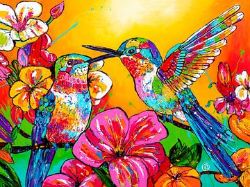 Voltige au crépuscule : L'harmonie des colibris sur Happy Paintings