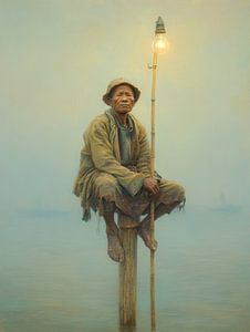Älterer Fischer am Mast mit Lampe im Nebel
