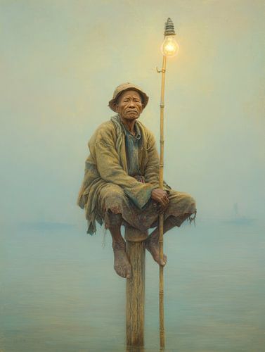 Elderly fisherman on pole with lamp in fog