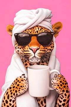 Luipaard met koffie en handdoek van Poster Art Shop