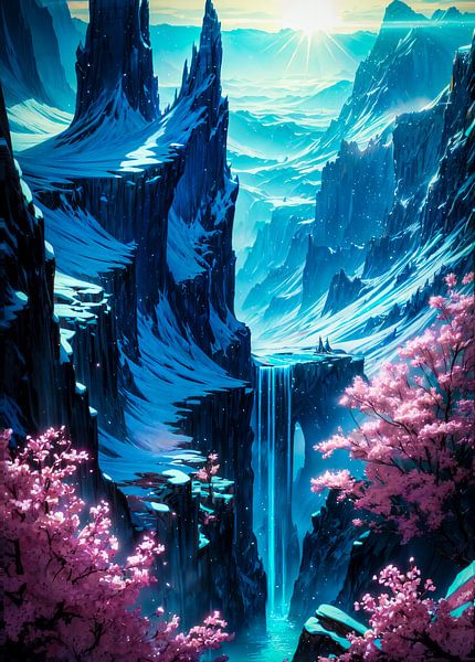 Montagne enneigée avec des cerisiers en fleurs Sakura Japon par Ruzerin