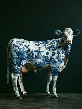 Nederlandse koe met Delfstblauwe tulpen en molens op haar lichaam van Margriet Hulsker