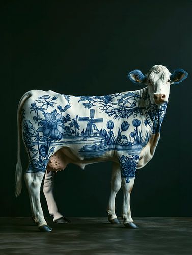 Holländische Kuh mit delfterblauen Tulpen und Windmühlen auf dem Körper von Margriet Hulsker
