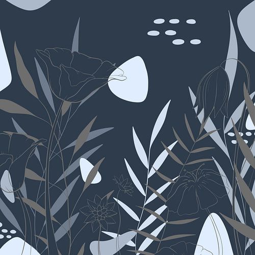 Modern Floral illustration - Blue Grey - Industrial