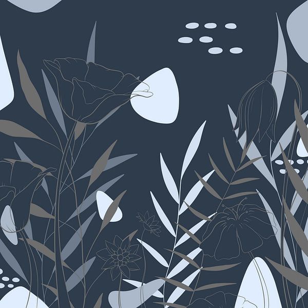 Moderne Bloemen illustratie - Blauw Grijs - Industrieel van Studio Hinte