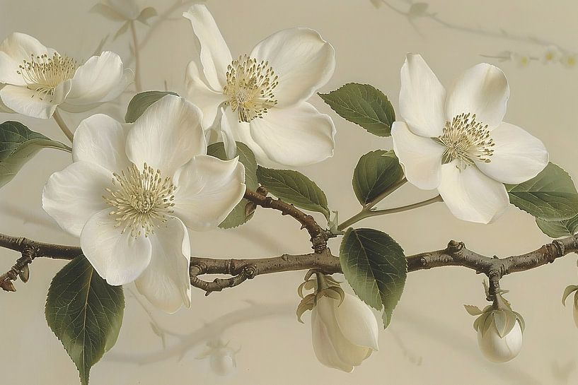 Weiße Blumen auf einem Zweig vor beigem Hintergrund von Art & Soul Creations