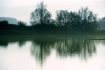 Ruisseau de Zeeuws-Vlaanderen dans la lumière du soir et le brouillard montant en décembre