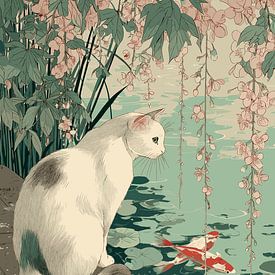 Katze betrachtet Koi-Fische am Teich von Pixelbull Design