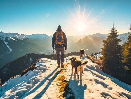Wandelaar met hond op een besneeuwd bergpad