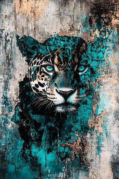 Türkisfarbener Leopard auf abstraktem Hintergrund von Art & Soul Creations