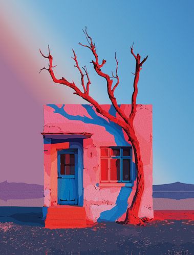 Surreal Desert House Muurkunst - Minimalistische Blauwe Deur met Boomschaduw in Roze Zonsondergang Gloed