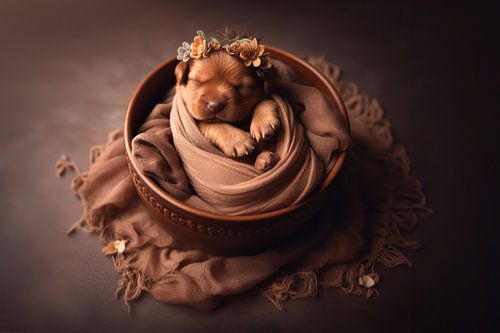 Newborn puppy in een schaal
