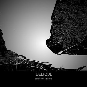 Zwart-witte landkaart van Delfzijl, Groningen. van Rezona