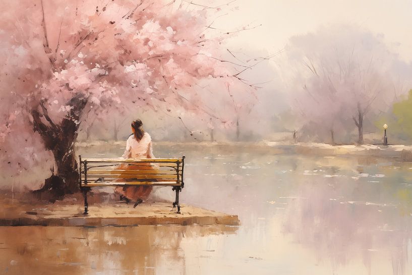 Peinture d'une femme assise sur un banc de parc avec un étang, dans le style de la légèreté impressionniste, rose clair, fleurs de cerisier au printemps par Animaflora PicsStock