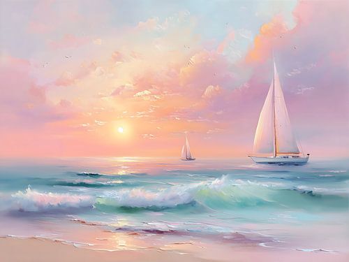 Sailboats sunset sea wave painting