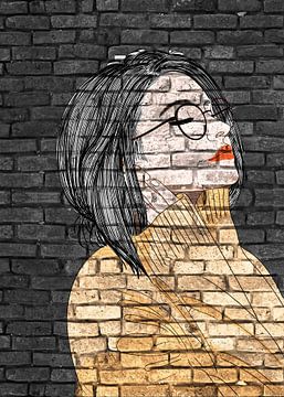 Jonge vrouw met bril graffiti op zwarte muur van KalliDesignShop