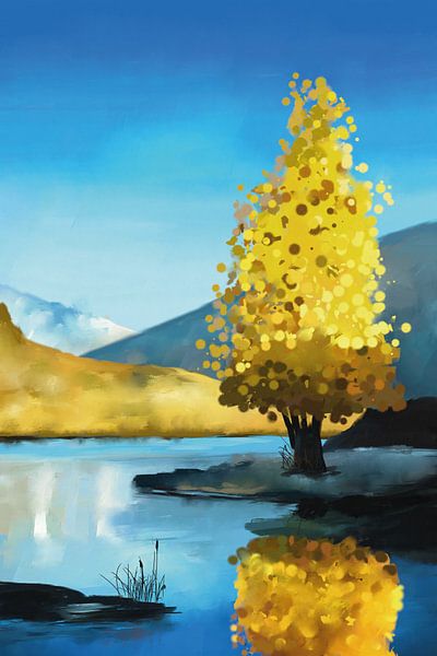 Tree near a river in the spring with a bright blue sky by Tanja Udelhofen