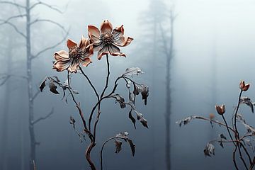 Verwitterte Blume im Morgennebel von Karina Brouwer