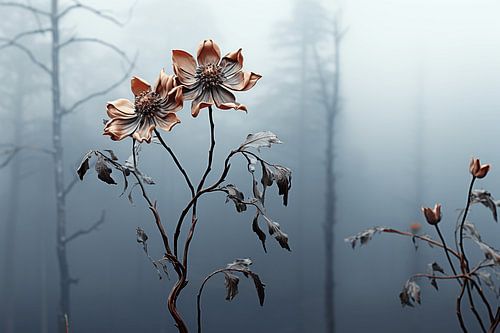Weathered flower in the morning mist
