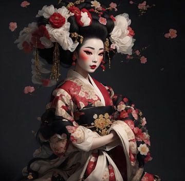 Geisha in Trouwkleding met bloemen en pastelkleuren. van Brian Morgan