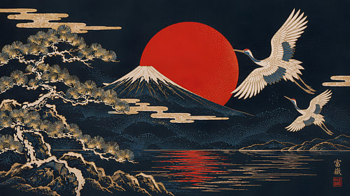 Japan Cranes Over Mount Fuji