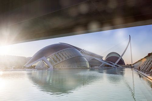 Moderne architectuur van de Stad van Kunst en Wetenschap in Valencia bij zonsopgang