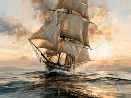 Segelschiff auf bewegter See im Sonnenuntergang