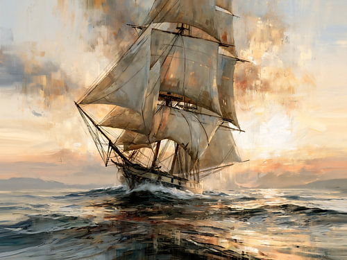 Zeilschip op een woelige zee bij zonsondergang