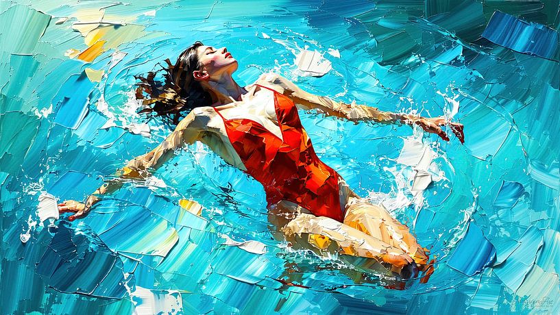 Femme en maillot de bain rouge - un flottement entre abandon et apesanteur, porté par le bleu de l'eau et la profondeur de la couleur par AidasignArt