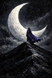 Cloaked Wanderer on Mountain Peak Crescent Moon Oil Painting by Faheem Beigh