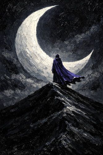 Cloaked Wanderer on Mountain Peak Crescent Moon Oil Painting