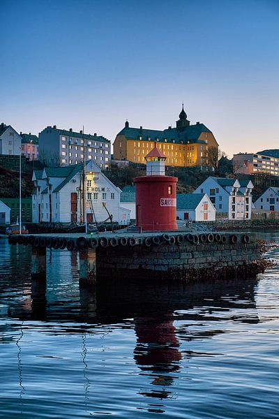 Evening view of the harbour of Ålesund with Molja lighthouse, Norway by qtx