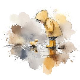 Kind spielt mit einem Entchen in einer Regenpfütze (KI) (Kinderzimmer, liebenswert, niedlich, draußen spielen, Gemälde) von Natalie Bruns