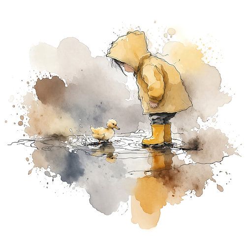 Kind speelt met eendje in regenplas (AI) (kinderkamer, lief, schattig, buiten spelen, schilderij, kleuter, peuter, dierenvriend)