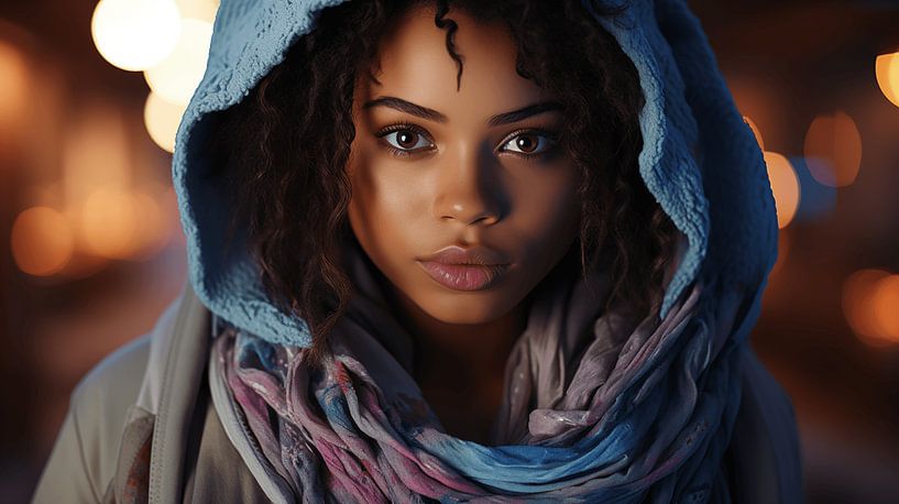 Portrait d'une jeune femme africaine aux yeux colorés et lumineux, aux lèvres brillantes et au foulard bleu avec bokeh en arrière-plan, design cinématographique par Animaflora PicsStock