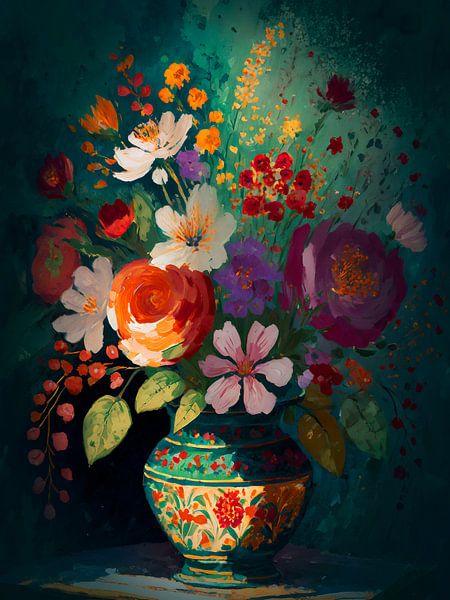 Blumenarrangement in warmen Farben mit Gold 1 von Studio Pieternel