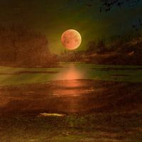 Orange Moon over the lake. Digital Art.