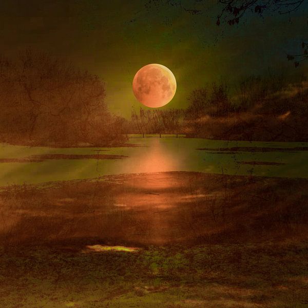 Lune orange au-dessus du lac. Art numérique. par Alie Ekkelenkamp