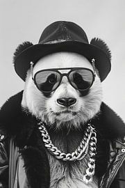 Panda in leather jacket and sunglasses poses