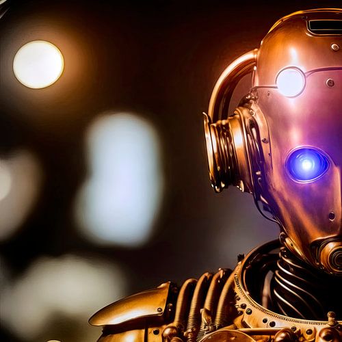 Cyborg met gouden harnas en gloeiende ogen