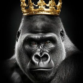 Gorilla in black and white with his own colour eyes and a golden crown by John van den Heuvel