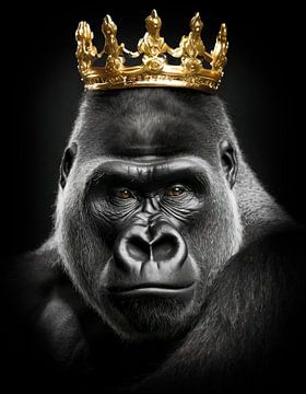 Gorilla in zwart-wit met zijn eigen kleur ogen en een gouden kroon van John van den Heuvel