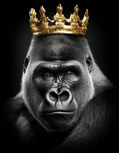 Gorille en noir et blanc avec des yeux de sa propre couleur et une couronne dorée sur John van den Heuvel