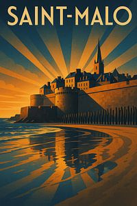 Saint-Malo Art Deco Poster - Festung an der Küste bei Sonnenuntergang