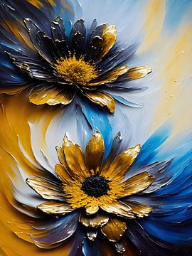 Een acrylverfschilderij van bloemen met goud en zilver van Retrotimes