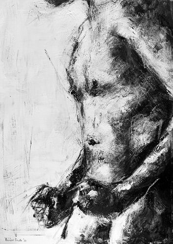 Painting of a naked man with clenched fists in black and white.