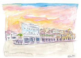 Scène de la rue Queen St Front à Hamilton Bermuda au coucher du soleil