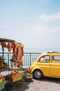 Vintage yellow fiat 500 in the Amalfi Coast by Liz Schoonenberg