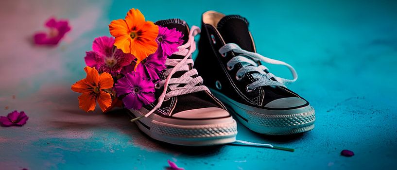 Black and white trainers with flowers by Poster Art Shop